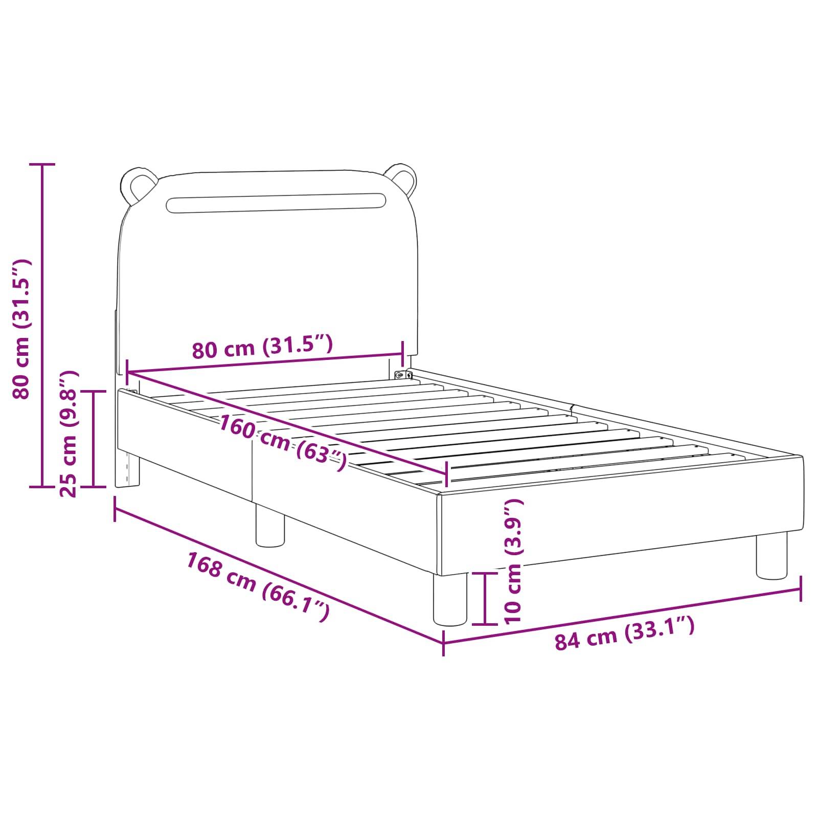 Kinderbett-Schematische Zeichnung mit Abmessungen: Kopfbretthöhe 80 cm, Breite 80 cm; Länge 168 cm, Bettbreite 84 cm; Basishöhe 25 cm, Bodenfreiheit 10 cm.