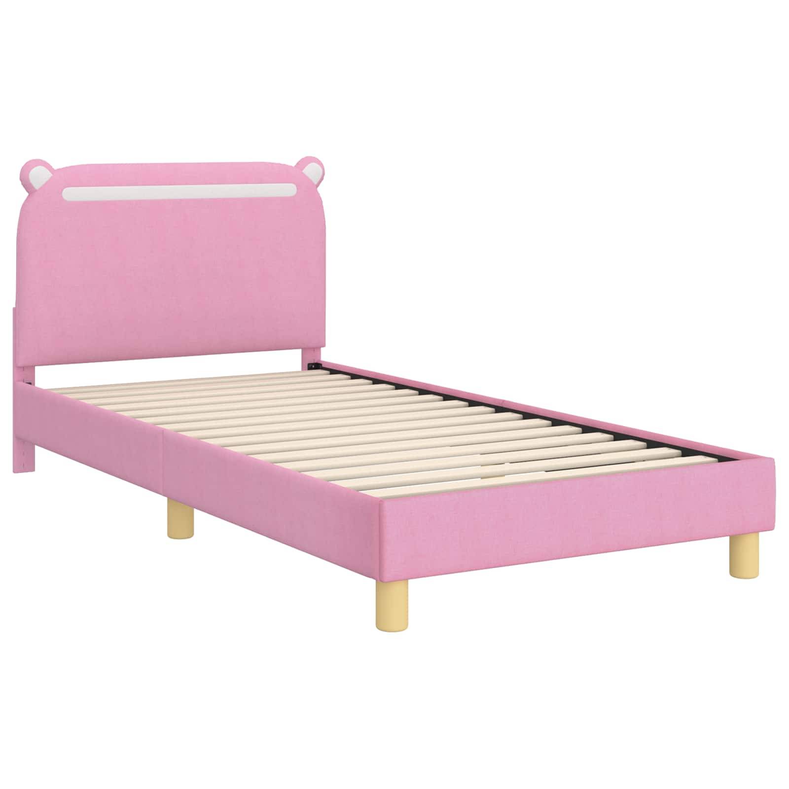 Ein rosa Bettgestell mit einem Bärenohren-Design am Kopfteil, ausgestattet mit Holzlatten und gelben zylindrischen Beinen.