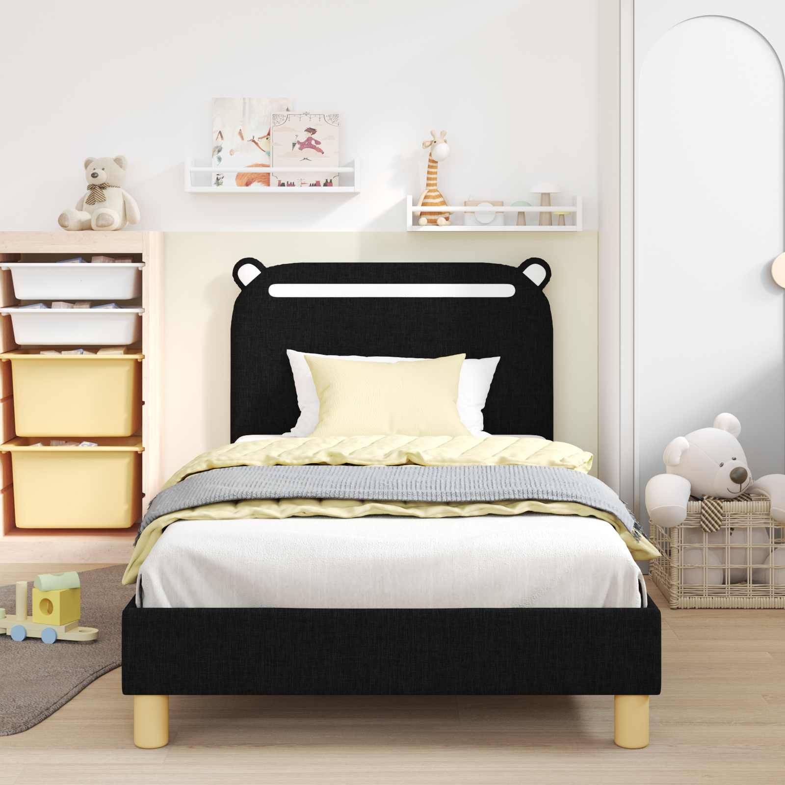 vidaXL Kinderbettgestell mit Kopfteil Schwarz 90 x 200 cm Stoff