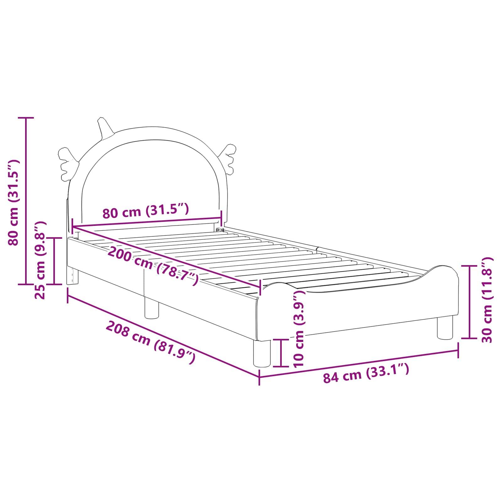 Kinderbett mit Flügeln und Maßen: 80 cm hoch, 208 cm lang, 84 cm breit. Matratzenbereich: 200 cm x 80 cm.