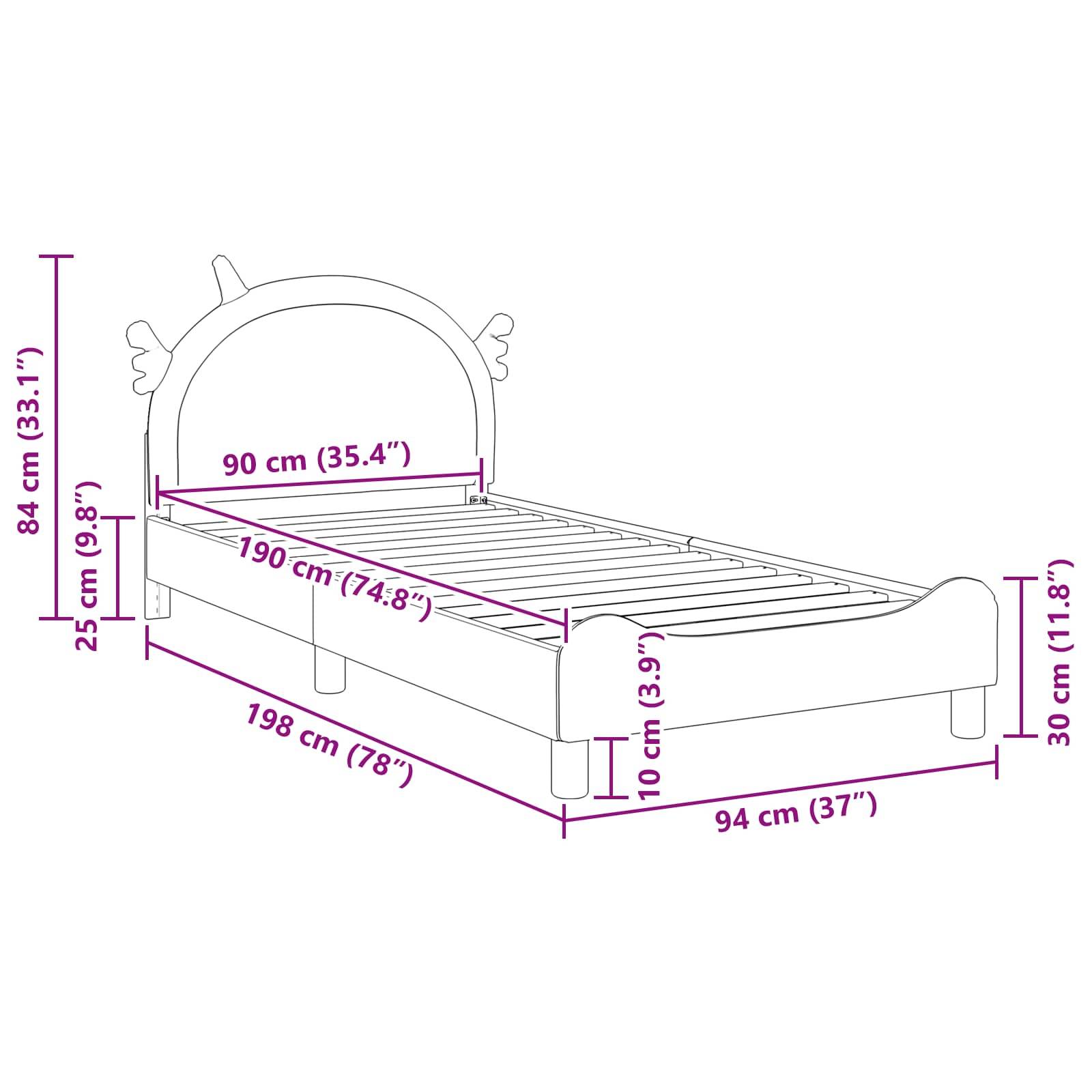 Linienzeichnung eines Bettes mit Maßen: Höhe 84 cm, Breite 90 cm, Länge 198 cm. Höhe bis zur Oberkante der Matratzenunterlage beträgt 30 cm.