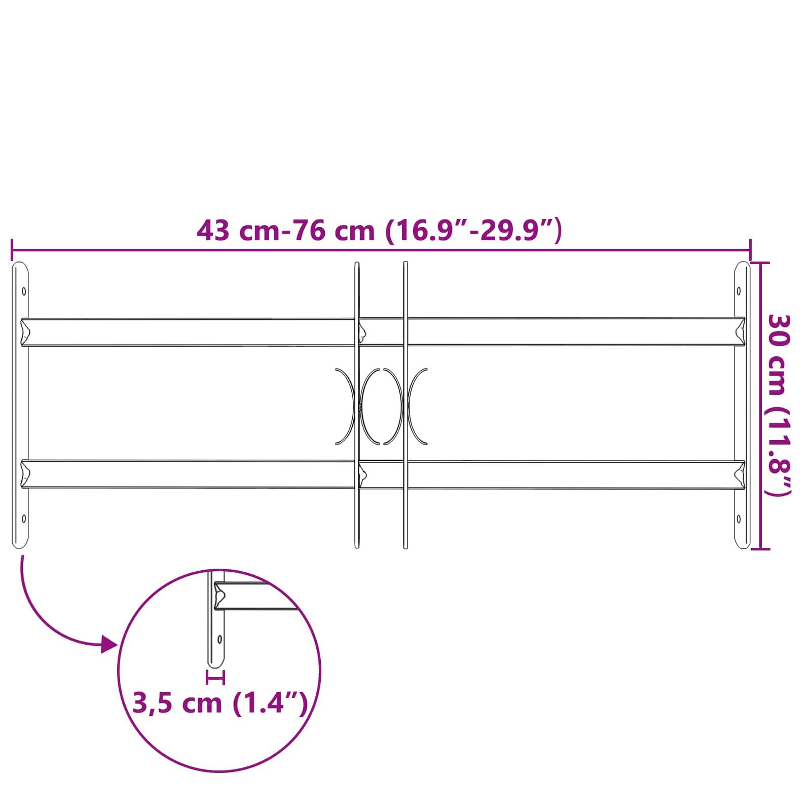 Eine verstellbare Wandhalterung mit einer Breite von 43 cm bis 76 cm und einer Höhe von 30 cm, mit einer Tiefenangabe von 3,5 cm, dargestellt in einer Linienzeichnung.