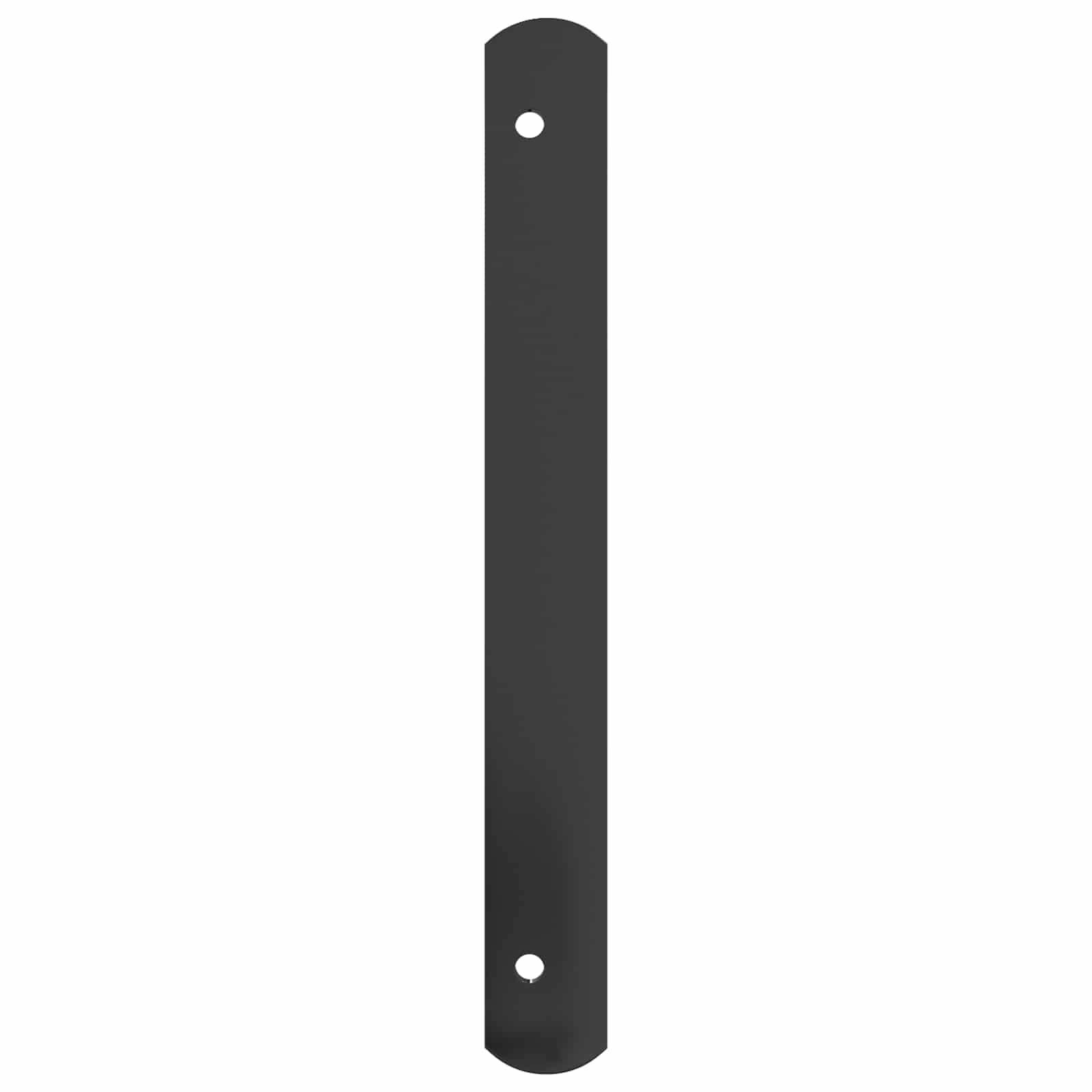 Eine schwarze Metallklammer mit zwei Löchern, eines an jedem Ende, verwendet zum Montieren oder Verbinden.