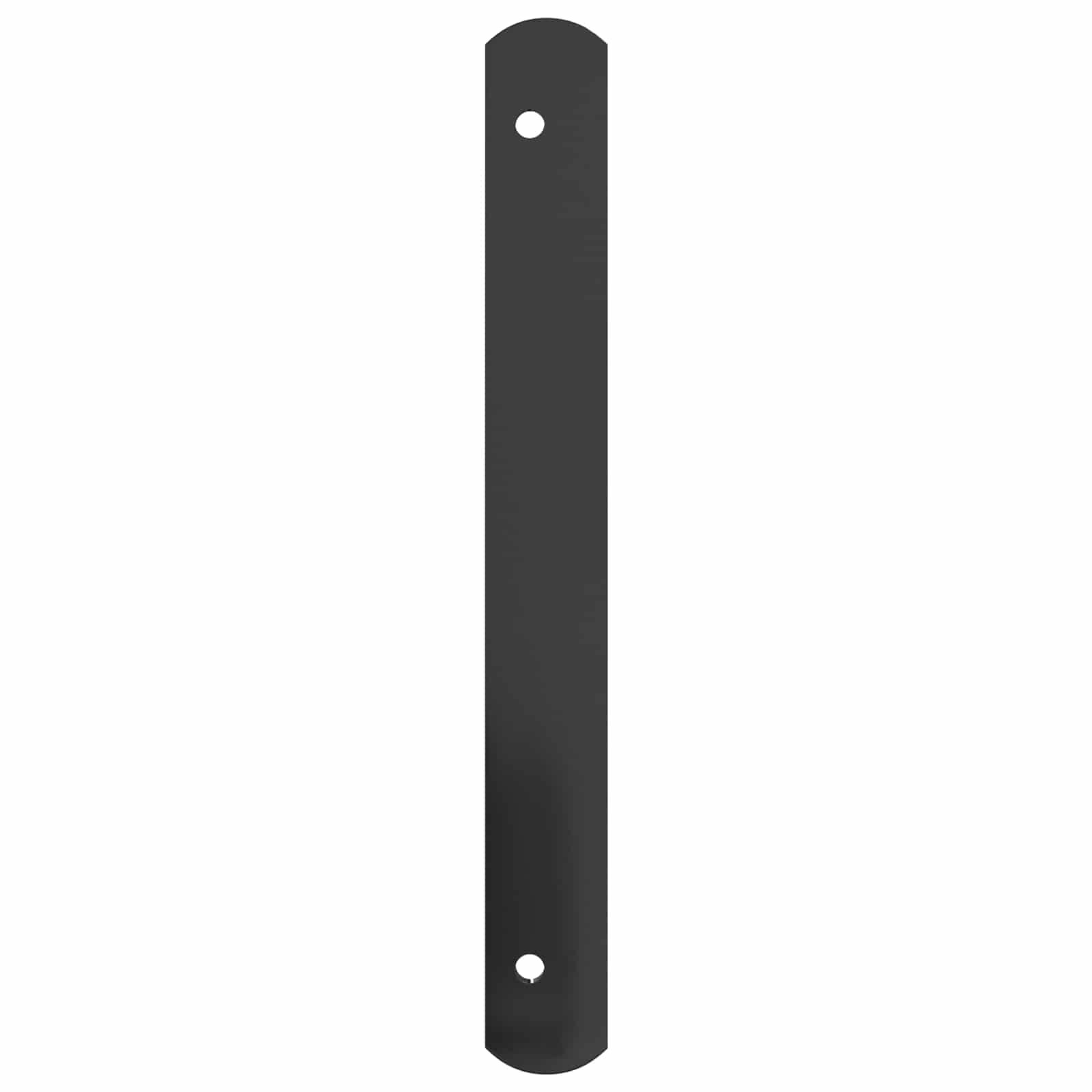 Eine lange schwarze Metallklammer mit zwei Löchern, eines an jedem Ende, verwendet zur Montage oder strukturellen Unterstützung.
