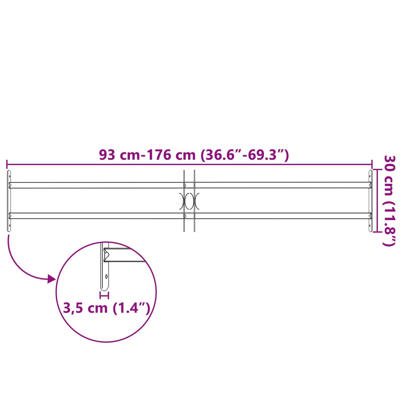 Eine Skizze, die eine ausziehbare Stange mit verstellbarer Länge von 93 cm bis 176 cm und einer Höhe von 30 cm zeigt. Eine Detailansicht zeigt einen Abstand von 3,5 cm.