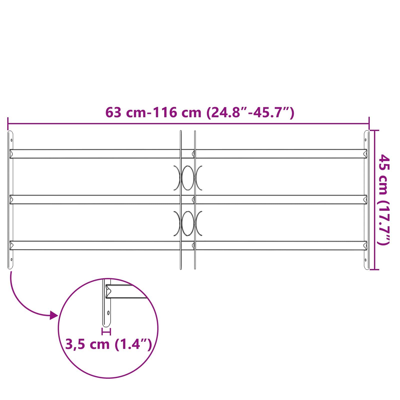Wandhalterung mit verstellbarer Breite von 63 cm bis 116 cm und einer Höhe von 45 cm. Enthält eine Detailansicht, die eine Dicke von 3,5 cm zeigt.