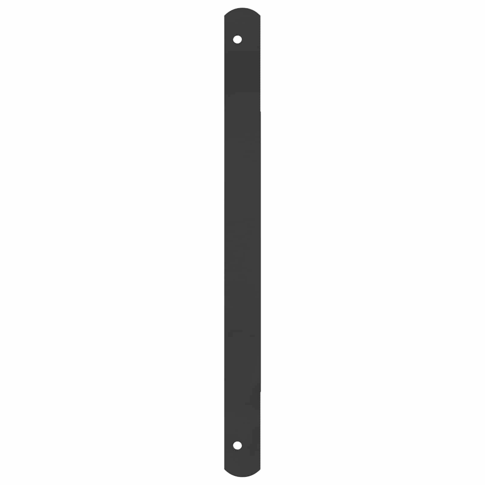 Ein schwarzes Metallband mit abgerundeten Enden und Löchern an jedem Ende zur Befestigung.