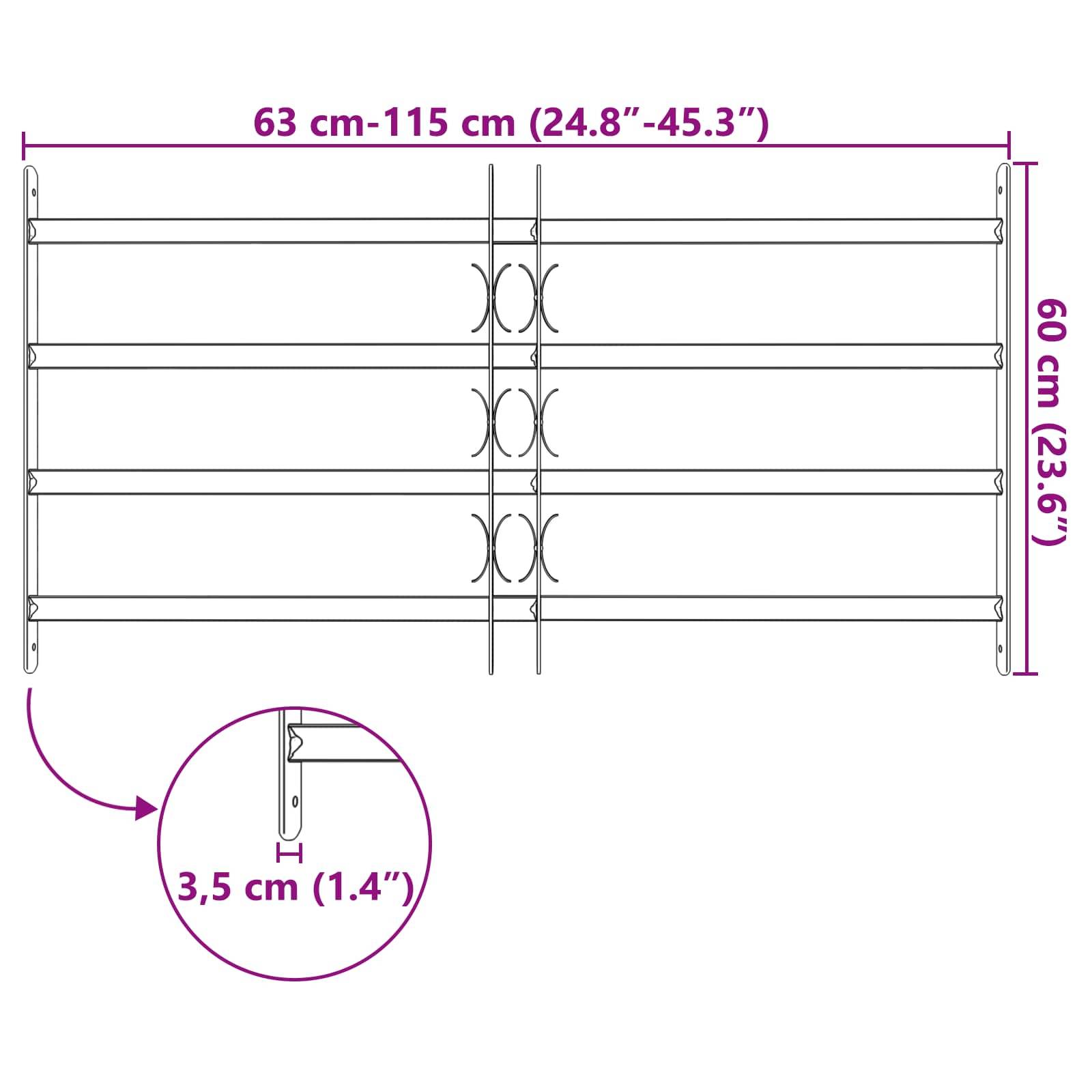 Eine Skizze eines ausziehbaren Zauns mit Maßangaben: Breite 63 cm bis 115 cm (24,8