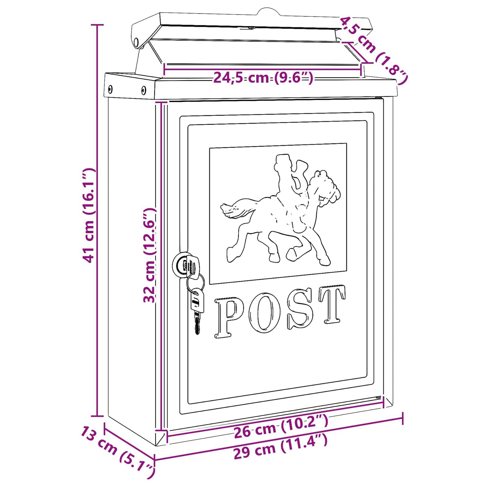 Eine detaillierte Zeichnung eines Briefkastens mit Maßangaben: Höhe 41 cm, Breite 29 cm und Tiefe 13 cm. Die Vorderseite zeigt ein Pferdedesign und das Wort 'POST'.