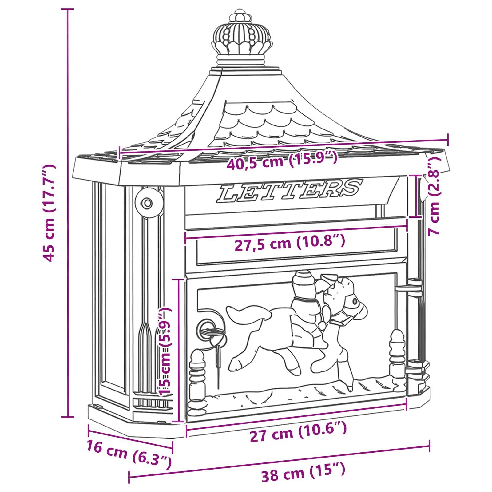 Dekorativer wandmontierter Briefkasten mit Aufschriften, detaillierten Maßangaben in Zentimetern und Zoll, mit Pferdemotiv.