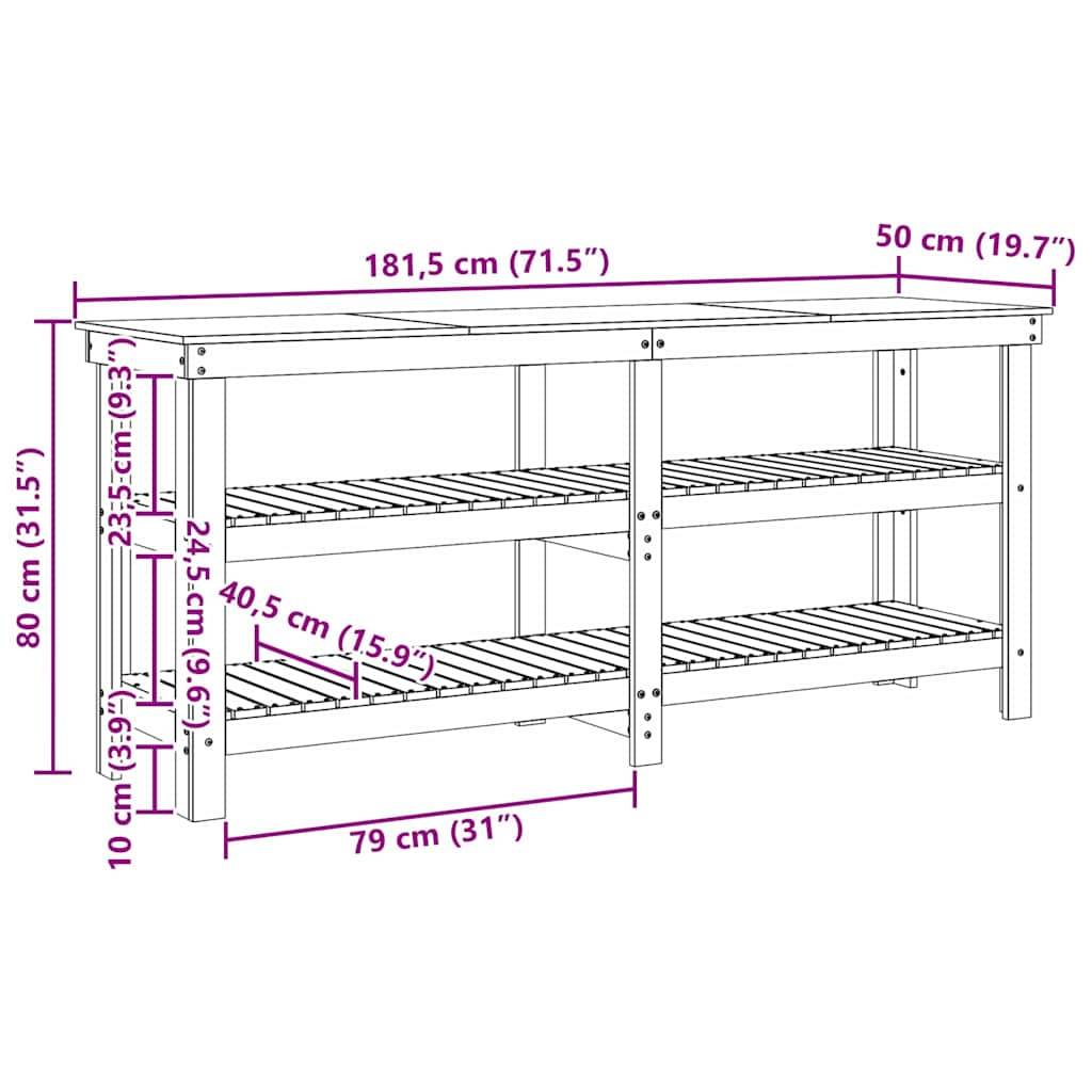 Holzwerkbank-Diagramm mit Maßen: 181,5 cm Breite, 50 cm Tiefe, 80 cm Höhe. Ablagen bei 24,5 cm und 40,5 cm Höhe.