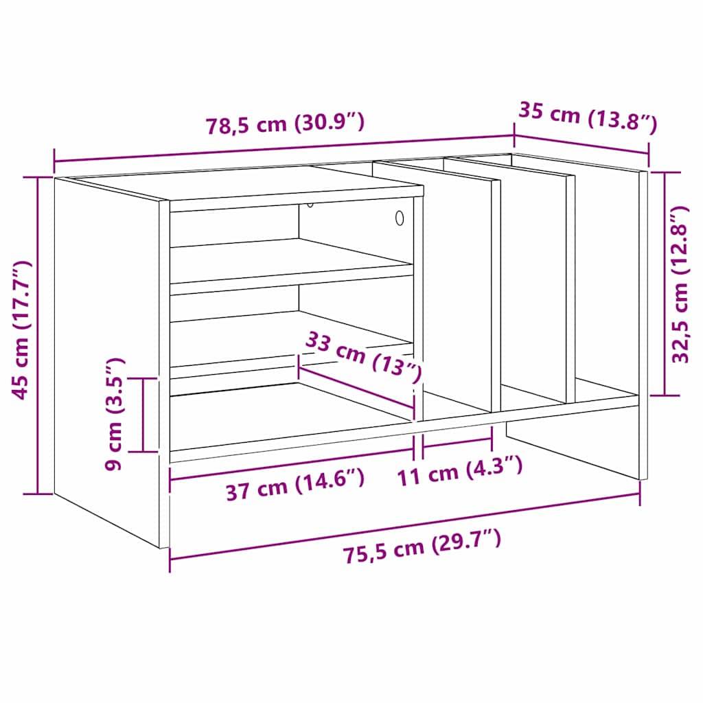 Eine schematische Darstellung eines Schranks zeigt folgende Abmessungen: Breite 78,5 cm, Tiefe 35 cm, Höhe 45 cm. Er umfasst verstellbare Einlegeböden und Fächer.