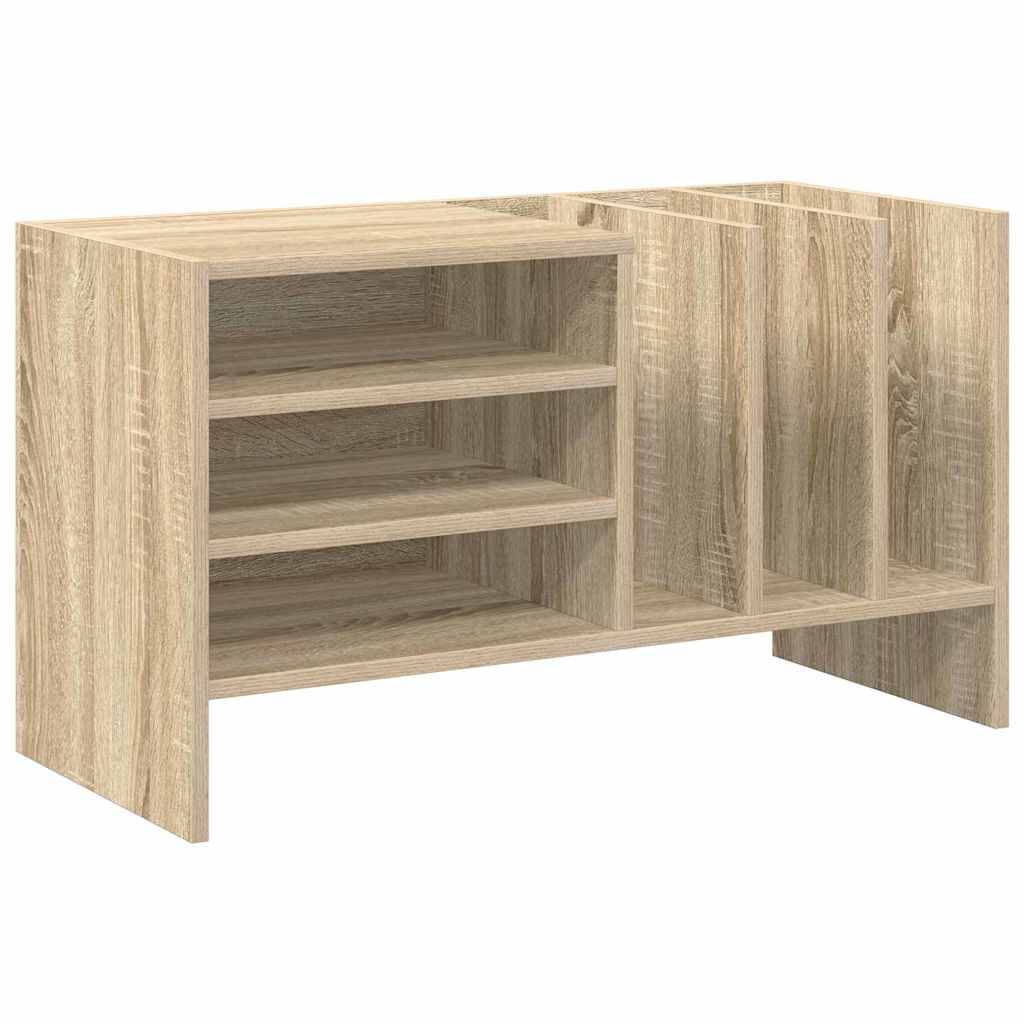 Ein Schreibtisch mit natürlicher Holzoptik und offenen Regalen auf der linken Seite sowie vertikalen Stauraumbereichen auf der rechten Seite, ideal zur Dokumentenorganisation.