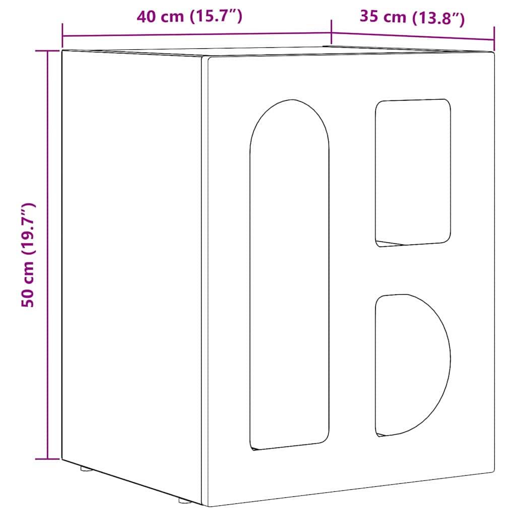 Eine Skizze einer Box mit den Maßen 50 cm Höhe, 40 cm Breite und 35 cm Tiefe, mit Öffnungen an einer Seite, beschriftet mit Dimensionen in Zentimetern und Zoll.