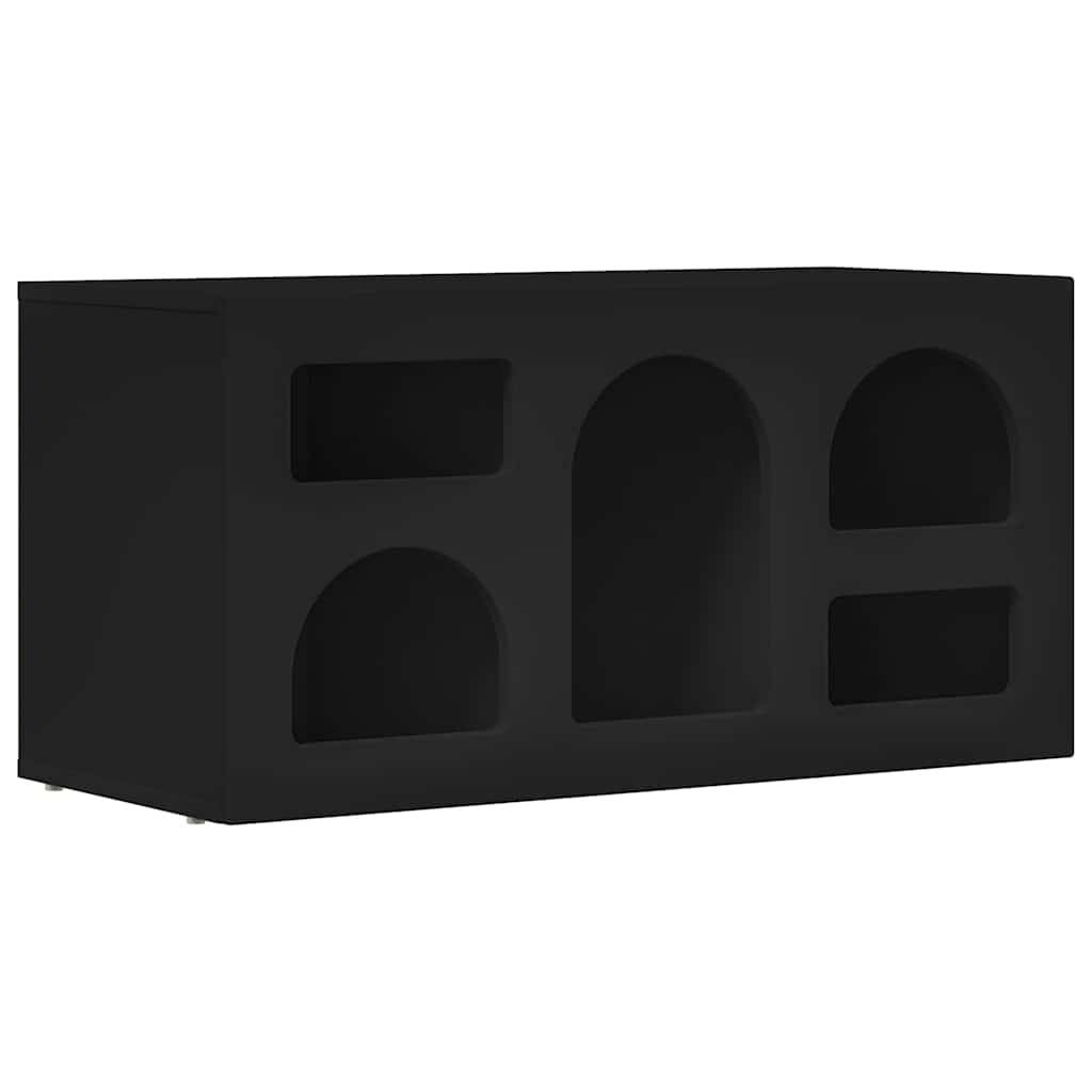 Ein schwarzes geometrisches Regal mit verschiedenen Fächern, darunter Rechtecke und Bögen, geeignet zum Präsentieren oder Aufbewahren von Gegenständen.
