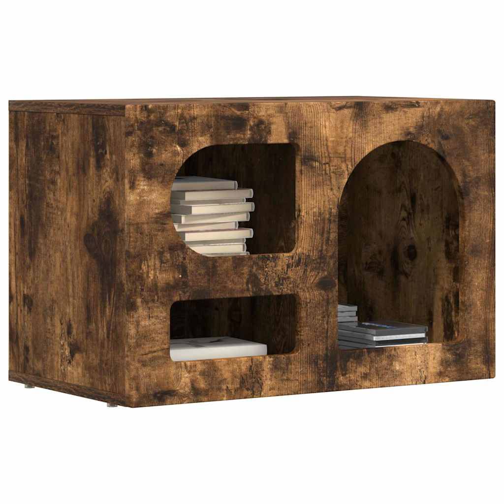 Ein Holzregal mit zwei Fächern, gefüllt mit gestapelten Büchern. Das Regal hat eine rustikale Oberfläche und verfügt über eine quadratische und eine Bogentür.