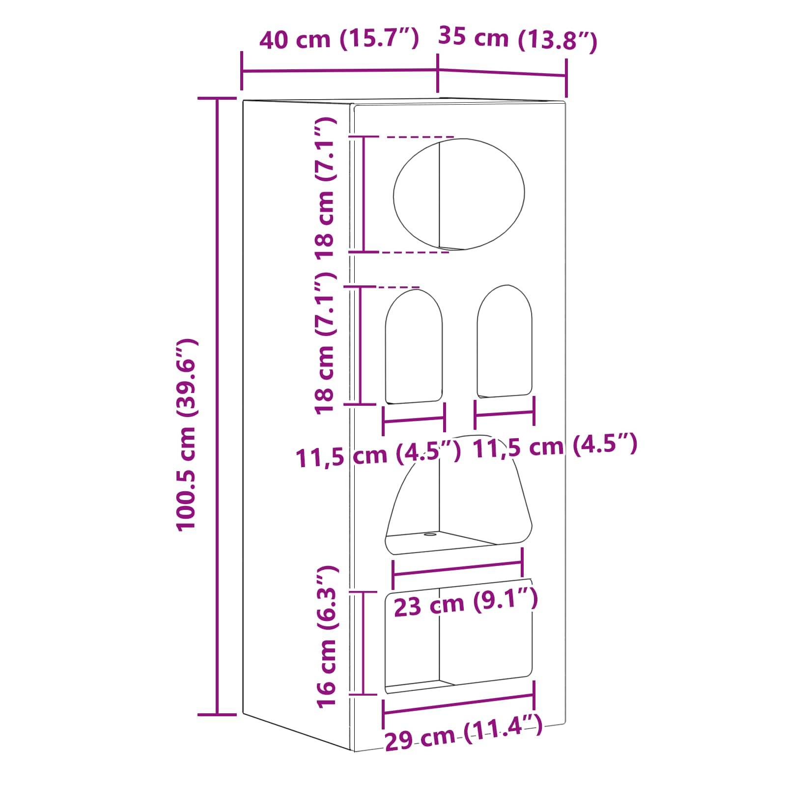 Holzschrank mit beschrifteten Abmessungen: Höhe 100,5 cm (39,6