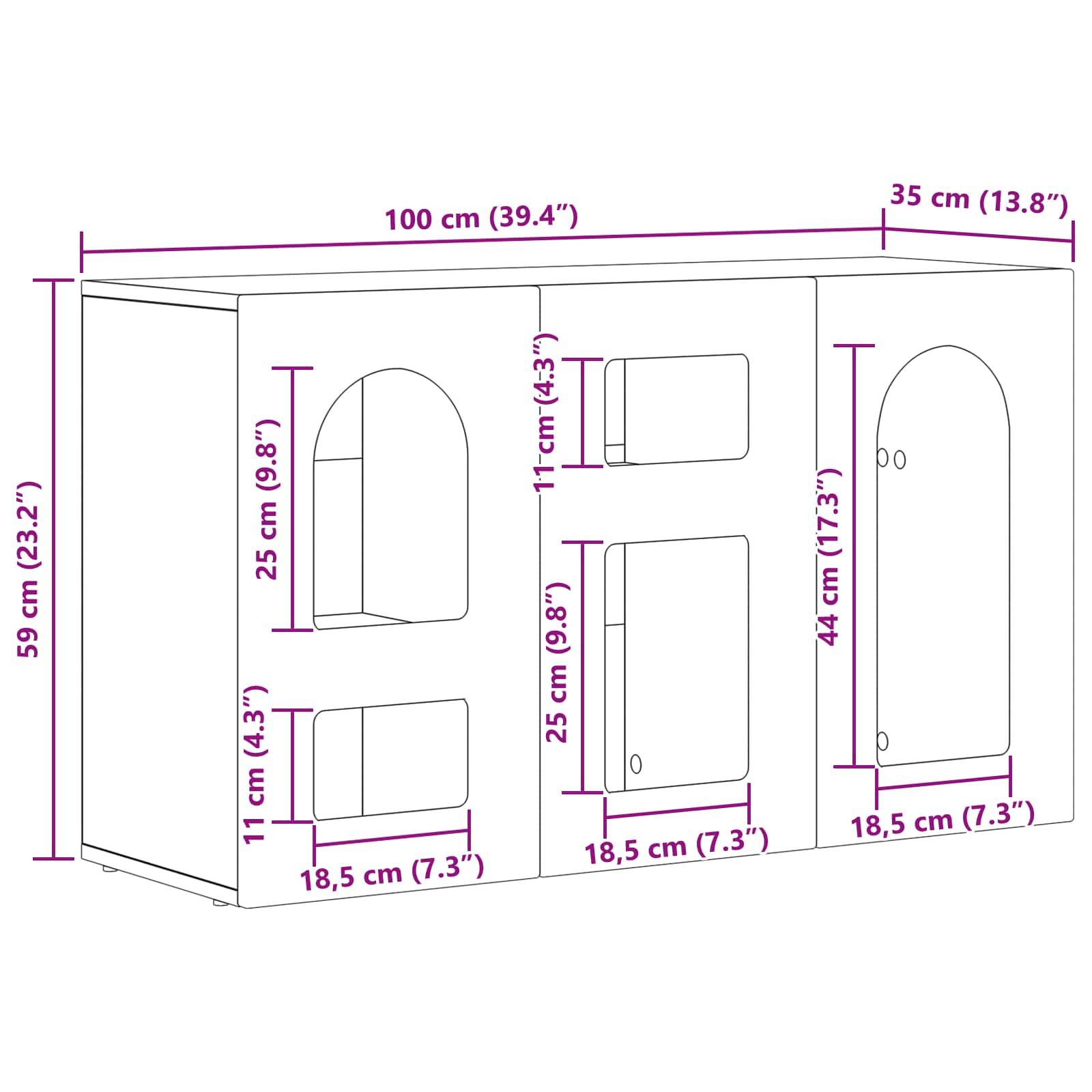 Wandschrank-Diagramm mit Abmessungen: 100 cm breit, 59 cm hoch, 35 cm tief. Türen und Regale mit verschiedenen Maßangaben detailliert.