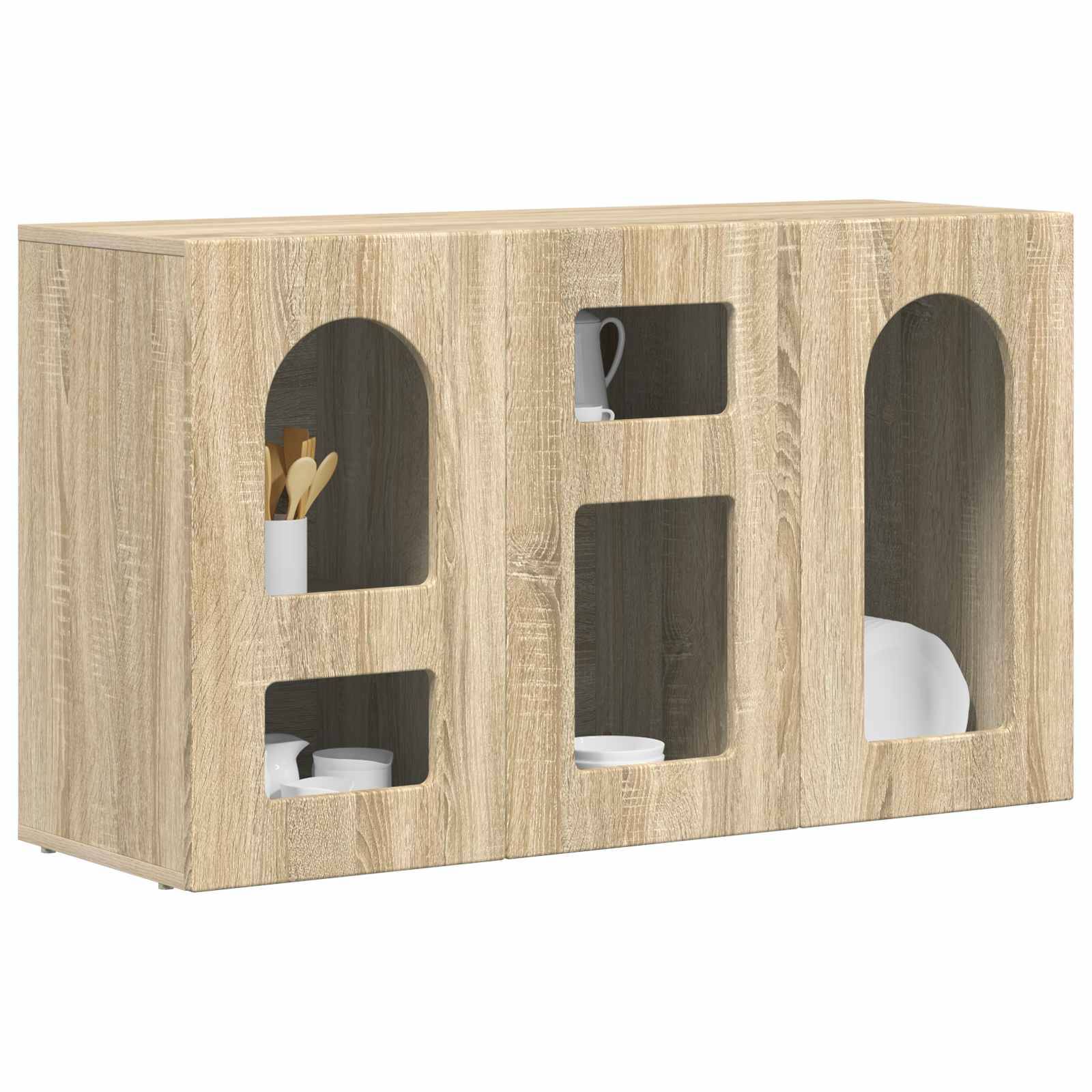 Holzregal mit drei offenen Fächern und abgerundeten Kanten, auf dem weiße Keramikgegenstände und Holzutensilien präsentiert werden.