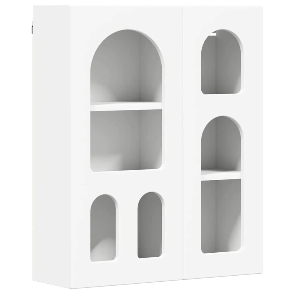 Ein weißer, zweitüriger Schrank mit mehreren bogenförmig ausgeschnittenen Regalen zur Präsentation von Gegenständen, der ein minimalistisches Design aufweist.