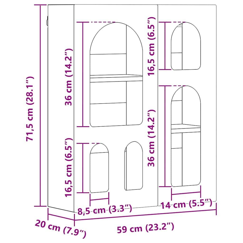 Eine Skizze eines Regalsystems mit Abmessungen: Höhe 71,5 cm, Breite 59 cm, Tiefe 20 cm. Enthält verschiedene Ablagen und Fächer.