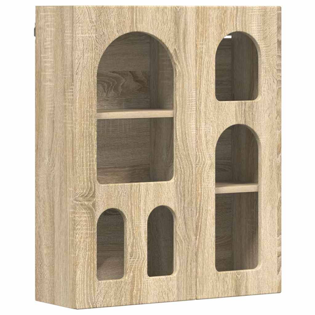 Wandregal aus Holz mit Wandmontage, ausgestattet mit fünf Bögen in unterschiedlichen Größen und zwei Einlegeböden. Oberfläche mit heller Holzmaserung.