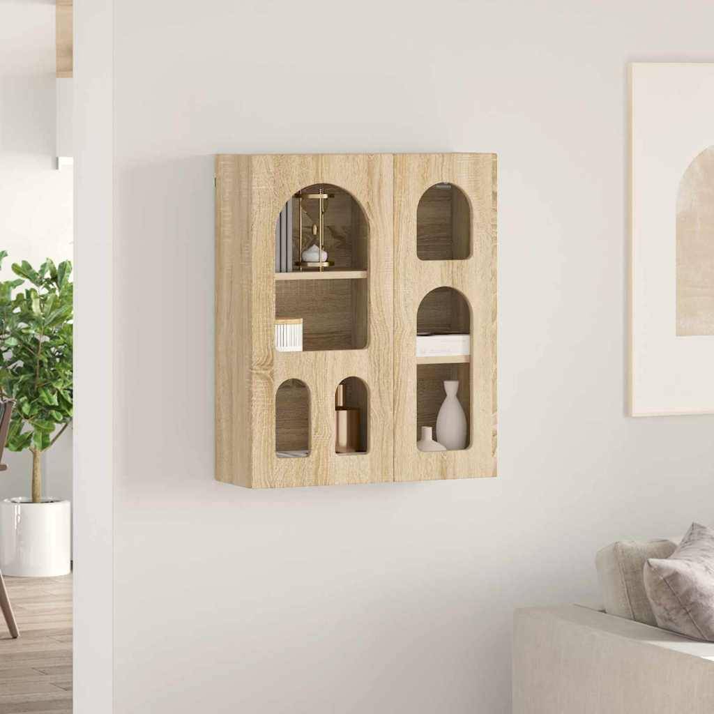 Ein Holzwandregal mit mehreren Fächern präsentiert kleine Dekorationsgegenstände und verleiht einem modernen Wohnraum eine minimalistische Note.