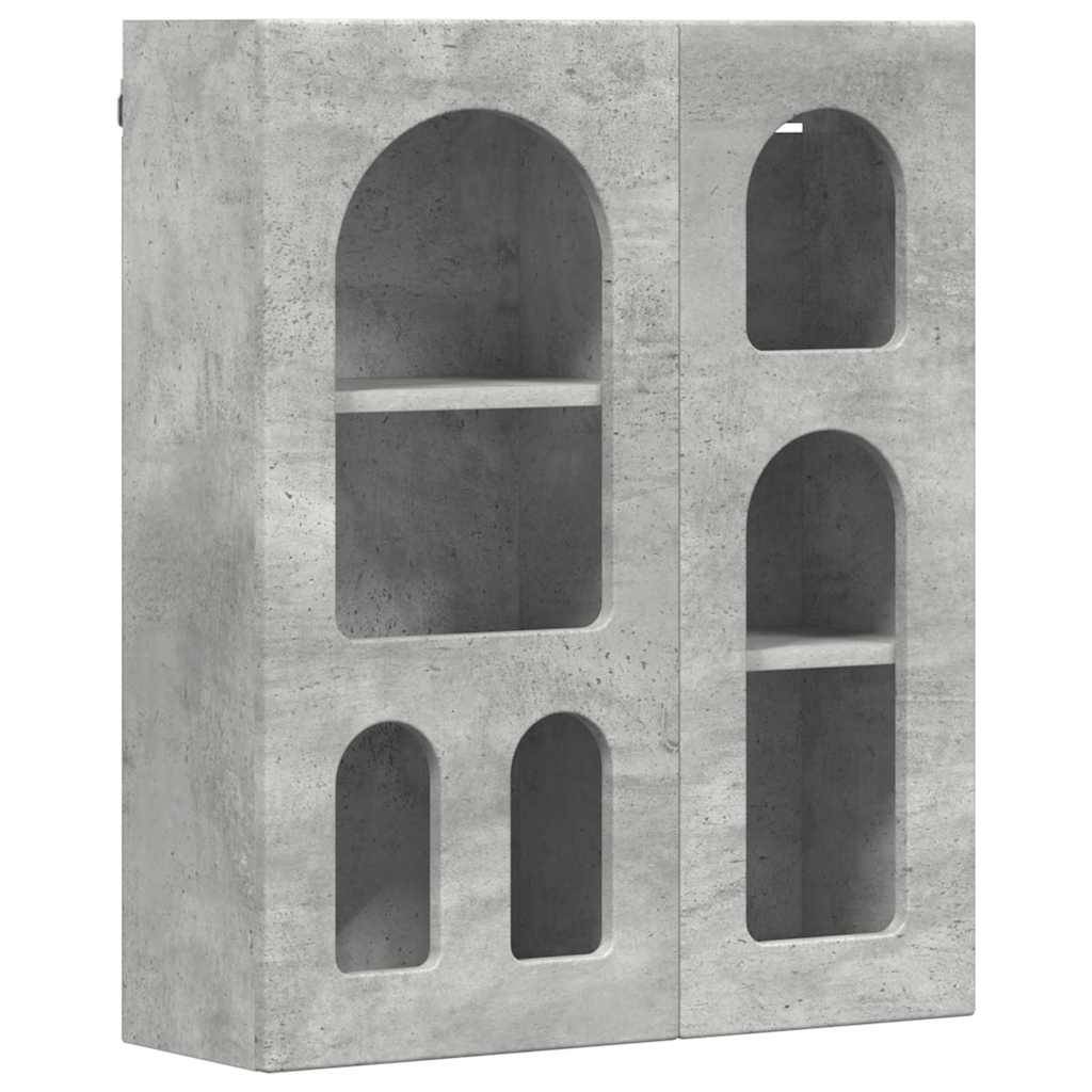 Betonwandschrank mit drei offenen Regalen in Bogensform und zwei geschlossenen Bogensektionen zur Aufbewahrung. Modernes, minimalistisches Design.