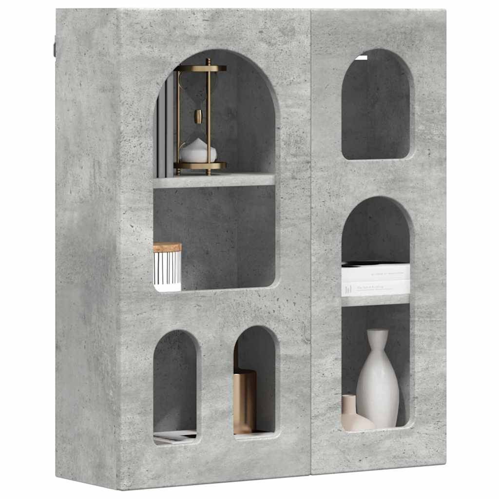 Betonfarben gehaltener Schrank mit sechs ovalen Regalen, die Bücher, eine kleine Vase, eine dekorative Laterne und einen zylindrischen Behälter tragen. Modernes Design.