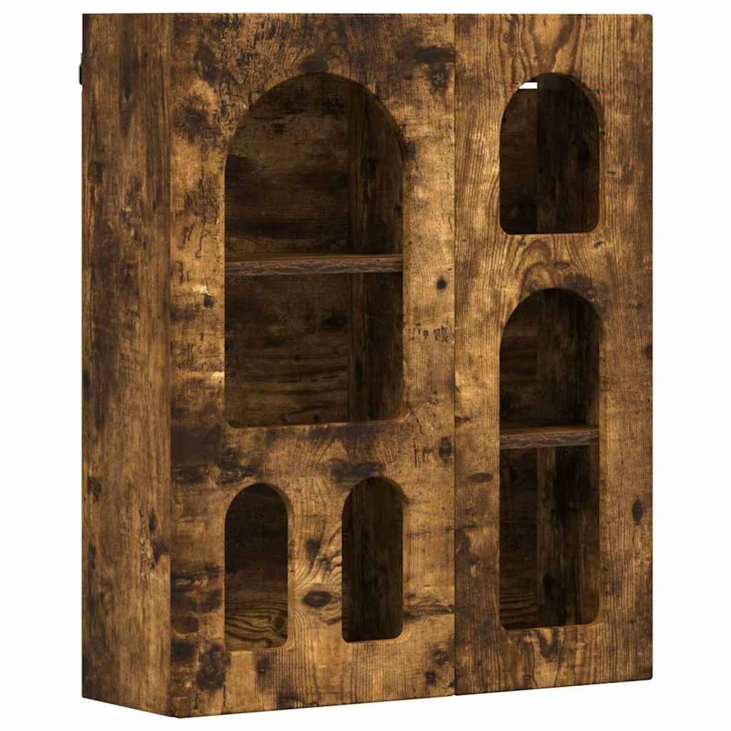 Holzvitrine mit vier gewölbten Regalen, ausgestattet mit einer rustikalen, dunklen Holzoberfläche.