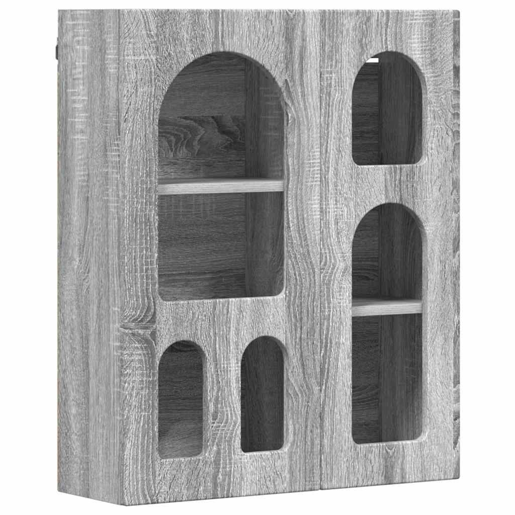 Graue Holzwandschrank mit fünf Regalen, versehen mit einzigartigen Ausschnitten in Bogenform. Geeignet zum Organisieren von kleinen Gegenständen oder Dekorartikeln.