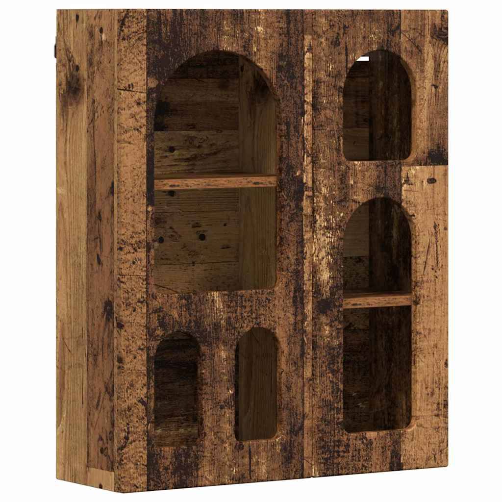 Wandregal aus Holz zur Eckmontage mit drei gewölbten Nischen, versehen mit einer rustikalen, antik wirkenden Oberfläche. Ideal zum Organisieren kleiner Gegenstände.