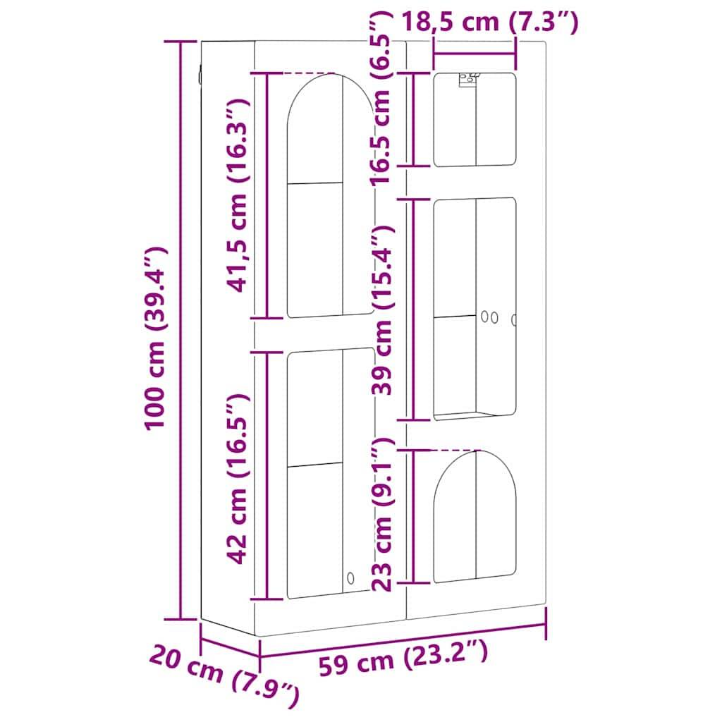 Eine Skizze eines Schranks mit Türen und Regalen. Abmessungen sind beschriftet: Höhe 100 cm, Breite 59 cm, Tiefe 20 cm; Regalhöhen variieren zwischen 23 cm und 42 cm.