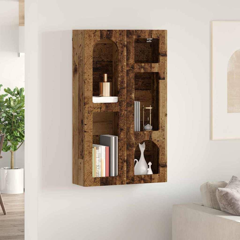 Holzwandregal mit vier Fächern, die dekorative Gegenstände wie Bücher, eine kleine Vase und eine Bronzeflasche in einem modernen Wohnzimmer halten.