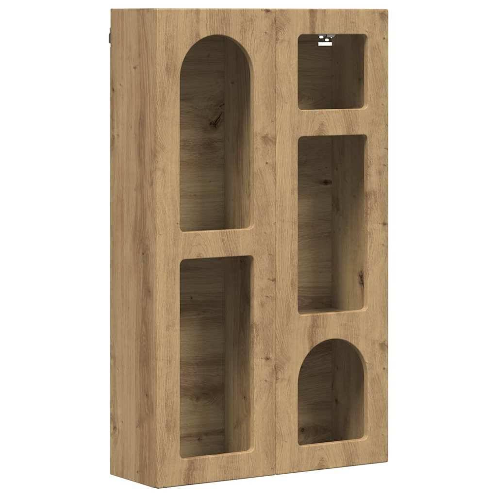 Holz-Wandregal mit vier offenen Fächern in verschiedenen Formen, mit natürlicher Oberfläche.