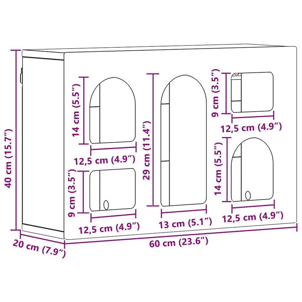 Schrank-Diagramm mit Maßen: Breite 60 cm, Höhe 40 cm, Tiefe 20 cm. Zeigt verschiedene Abteile mit angegebenen Größen.