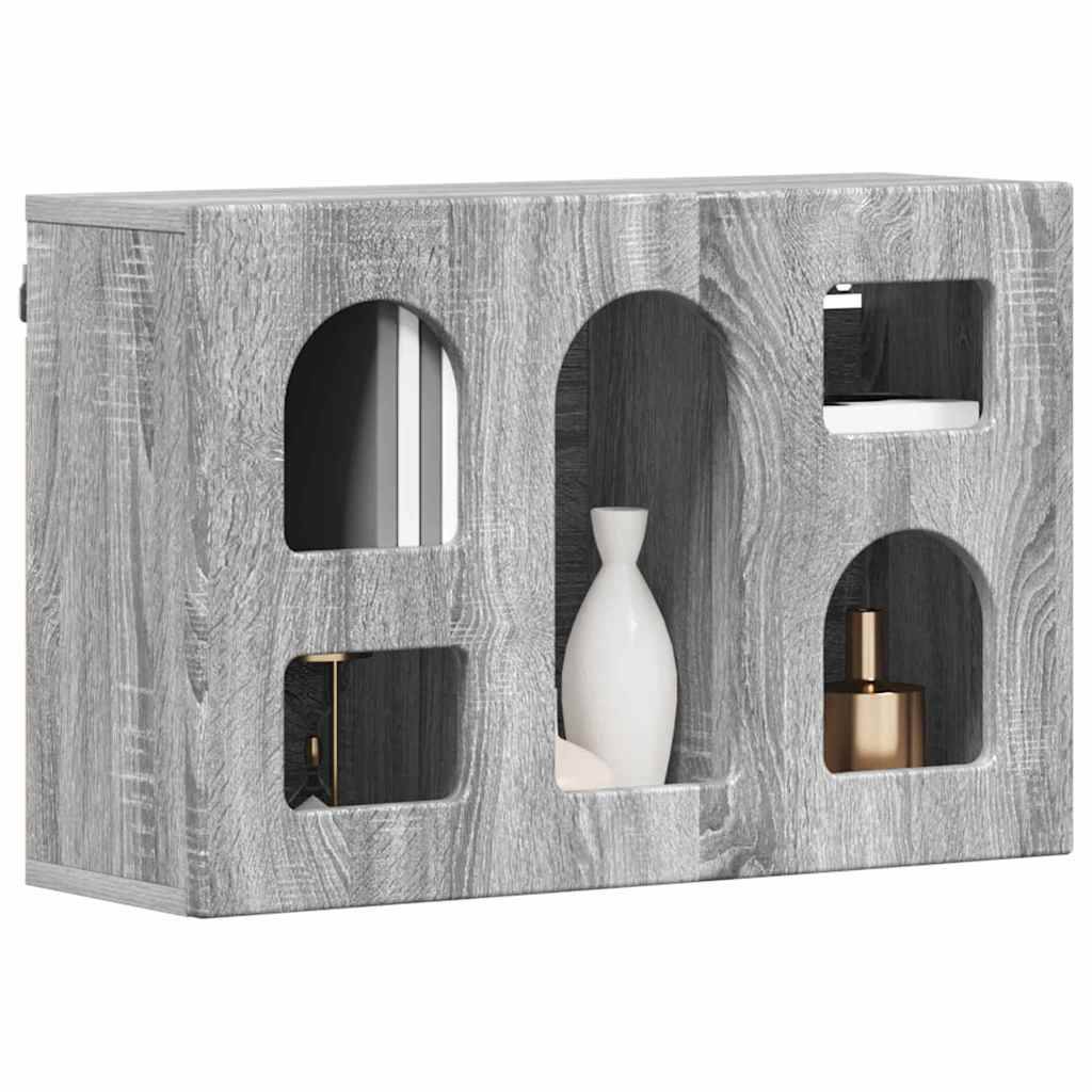 Ein Holzschrank mit offenen Regalen, auf denen dekorative Gegenstände wie eine Vase und eine Flasche ausgestellt sind, in einer grauen Ausführung mit strukturiertem Muster.