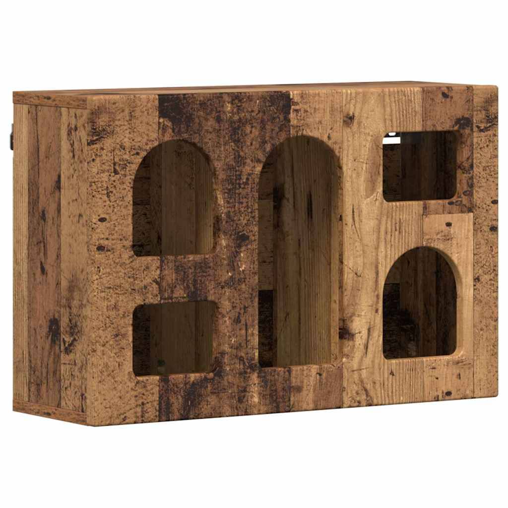 Rustikaler Holz-Wandschrank mit vier unterschiedlichen offenen Regalen, mit Bögen und rechteckigen Designs, im Vintage-Stil.