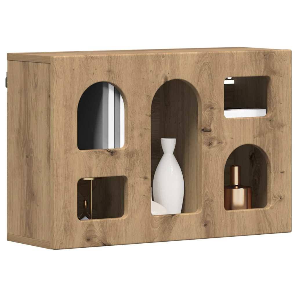 Holz-Wandregal mit mehreren ausgeschnittenen Fächern, bestückt mit dekorativen Gegenständen wie einer weißen Vase und kleinen Objekten.