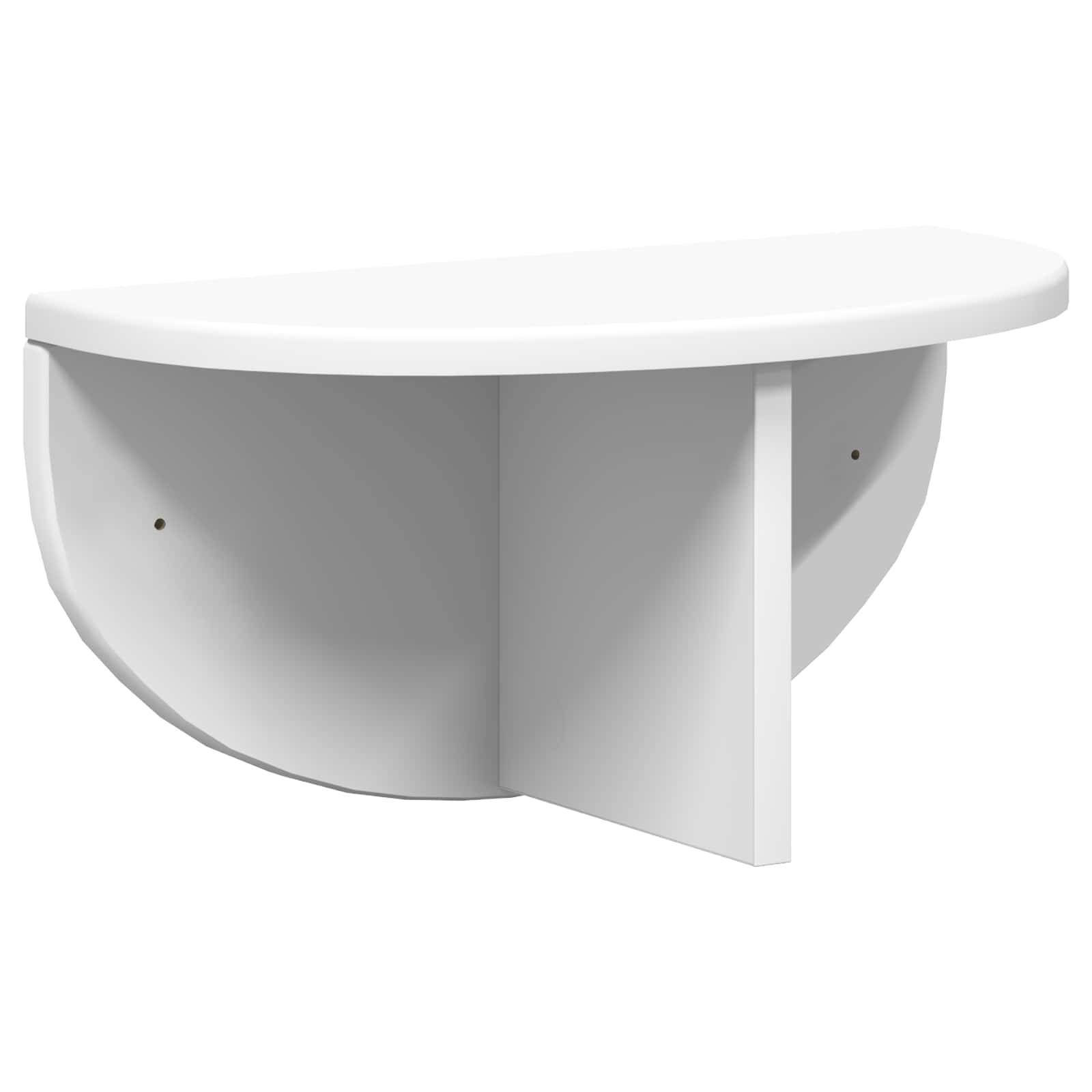 Halbkreis-Wandregal in Weiß mit vertikaler Stütze, für Eckmontage konzipiert. Minimalistischer Stil mit glatten Oberflächen.