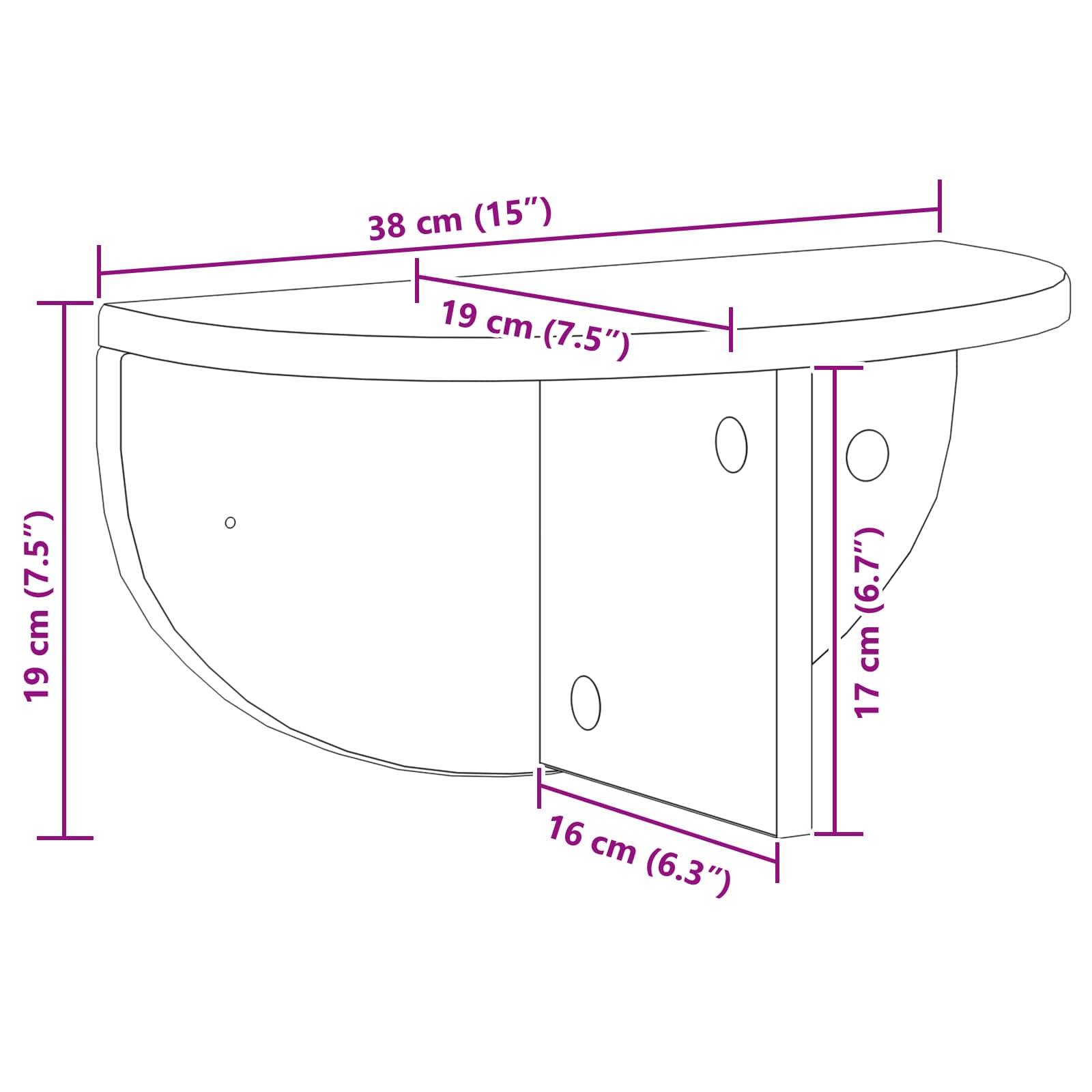 Eine Skizze eines halbkreisförmigen wandmontiertes Regals mit Maßen: Breite 38 cm (15
