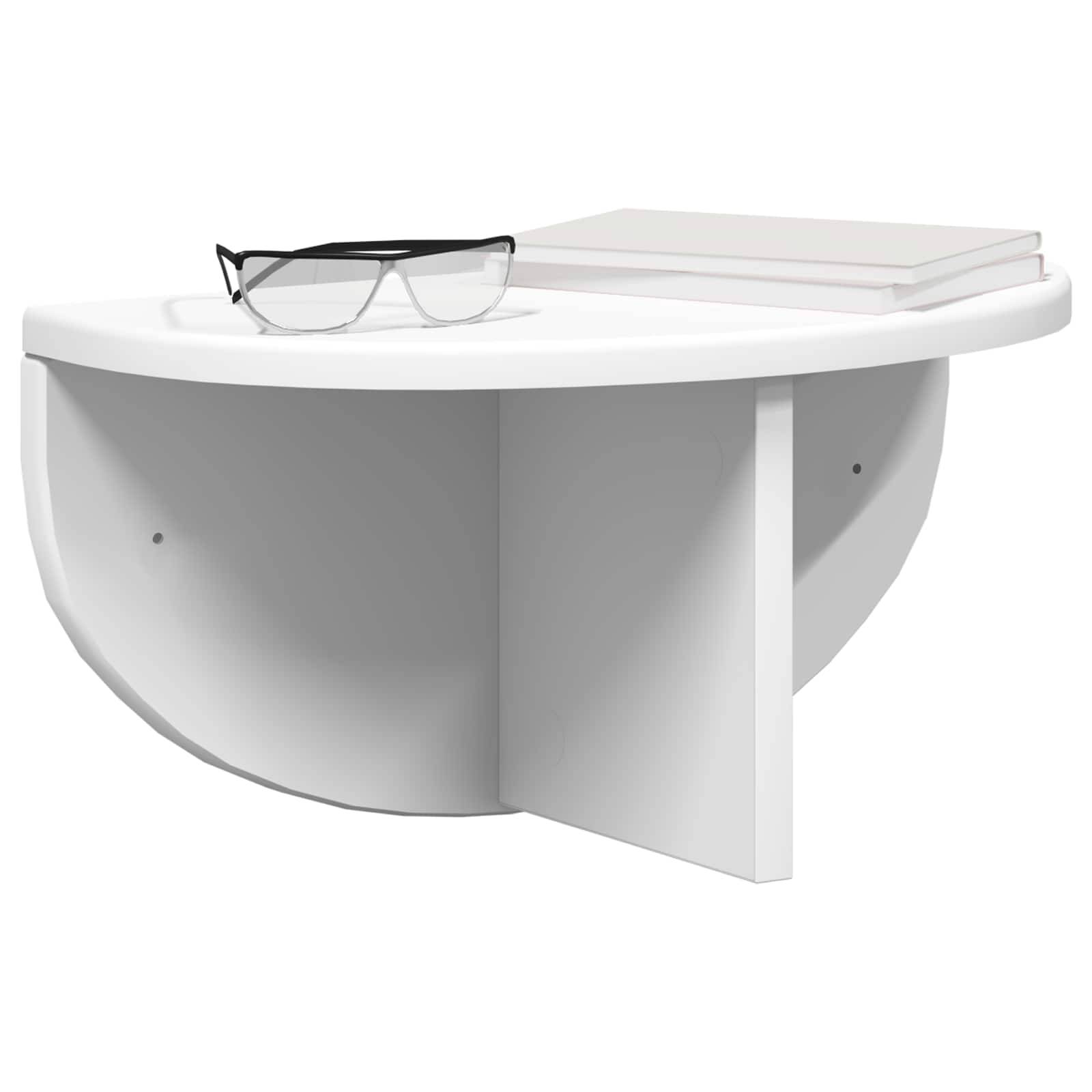 Eine an der Wand befestigte, halbkreisförmige weiße Ablage trägt eine Brille mit schwarzem Rahmen und einen kleinen Stapel Papiere, aus einem Winkel betrachtet.