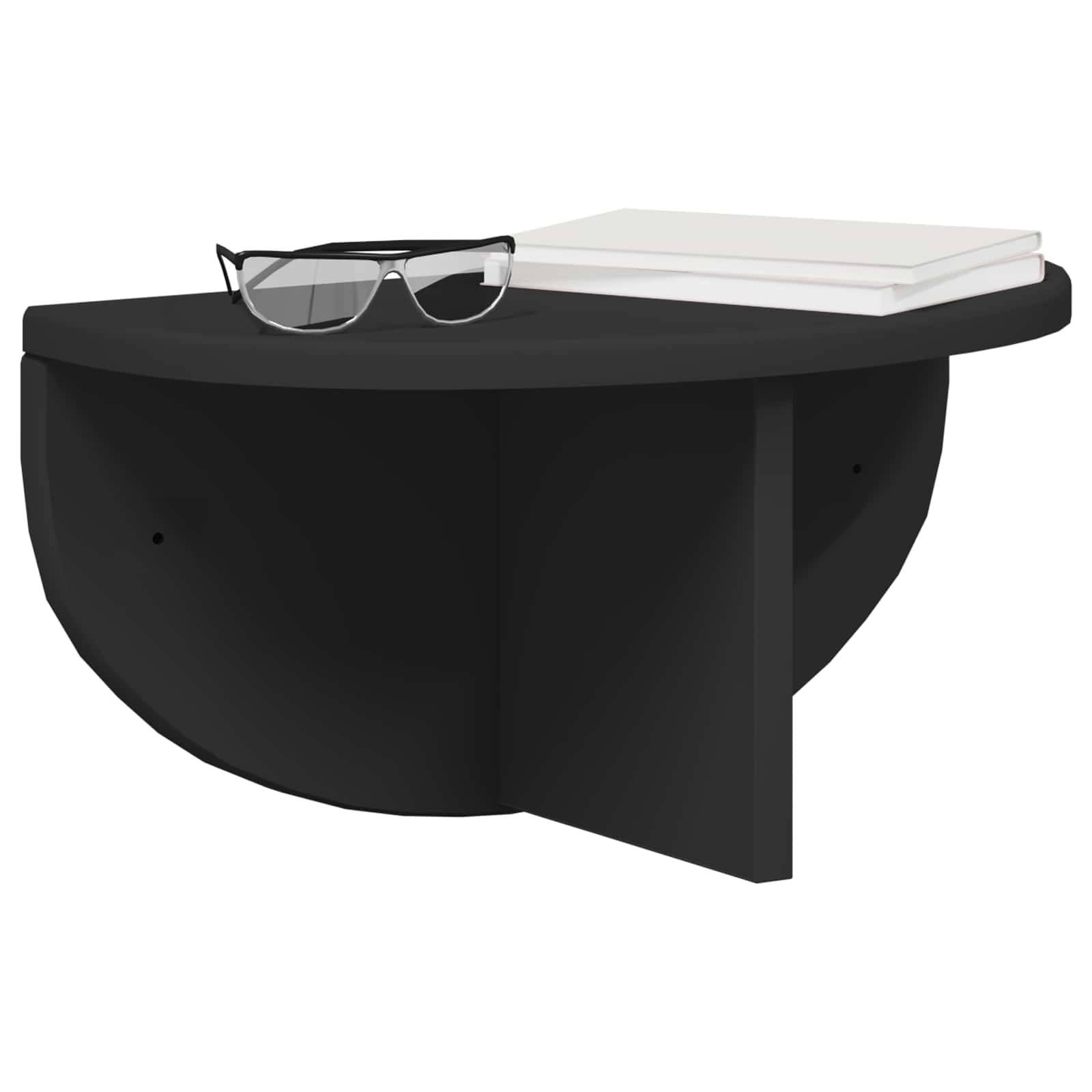 Eine schwarze, halbkreisförmige Wandablage mit einer Brille und zwei geschlossenen Büchern oben drauf. Das Regal ist vor einem weißen Hintergrund angebracht.