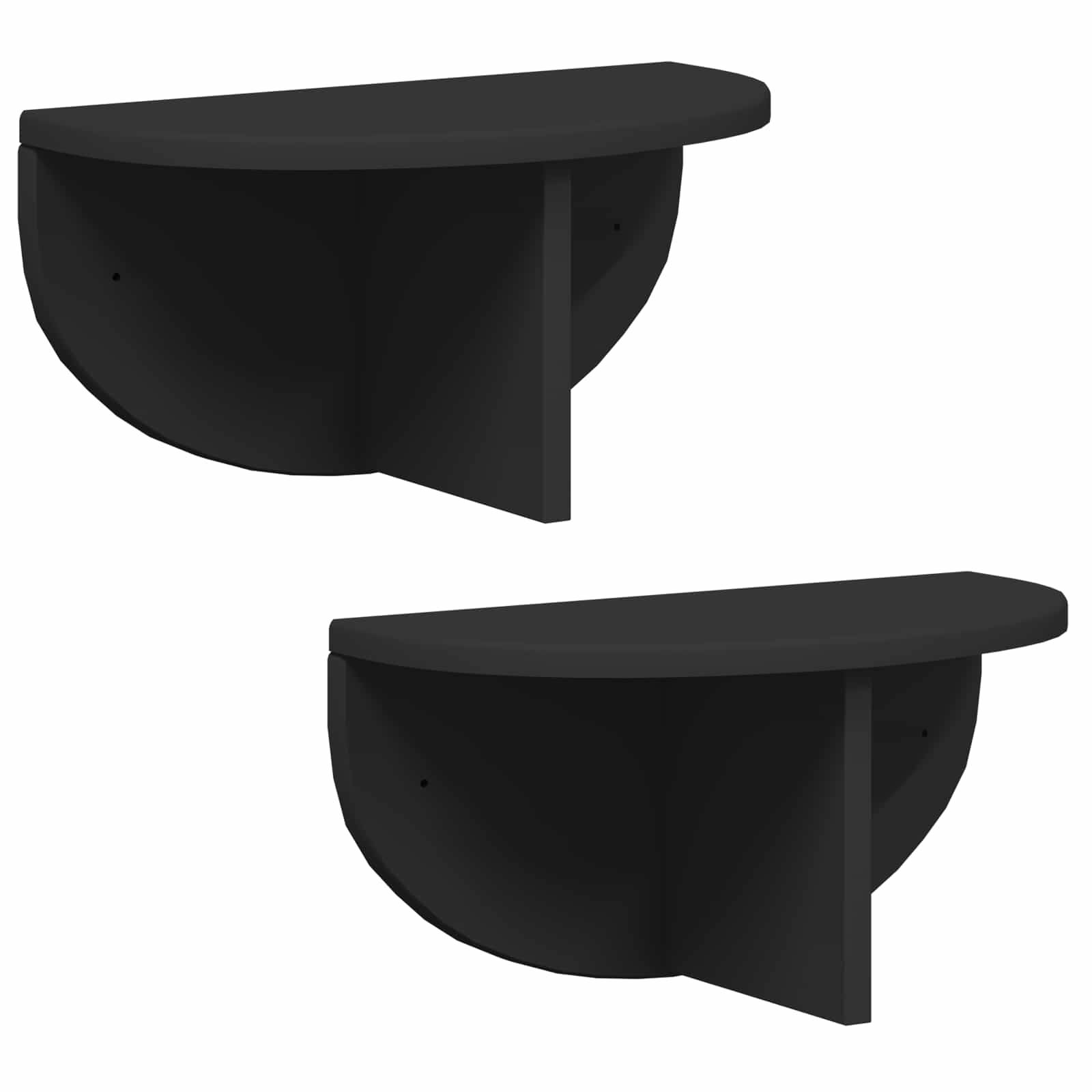 Schwarze Wandregale, 2er-Set, halbkreisförmiges Design, jedes mit einer Mittenstütze. Geeignet für minimalistische Heimeinrichtung.