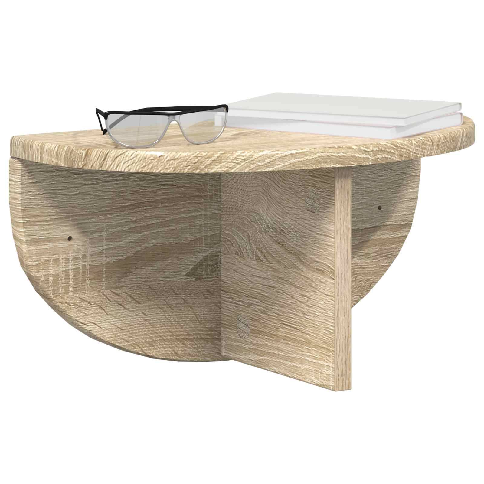 Ein kleines, halbmondförmiges Holzwandregal beherbergt eine Brille und ein geschlossenes Buch und zeigt damit eine einfache und kompakte Aufbewahrungslösung.