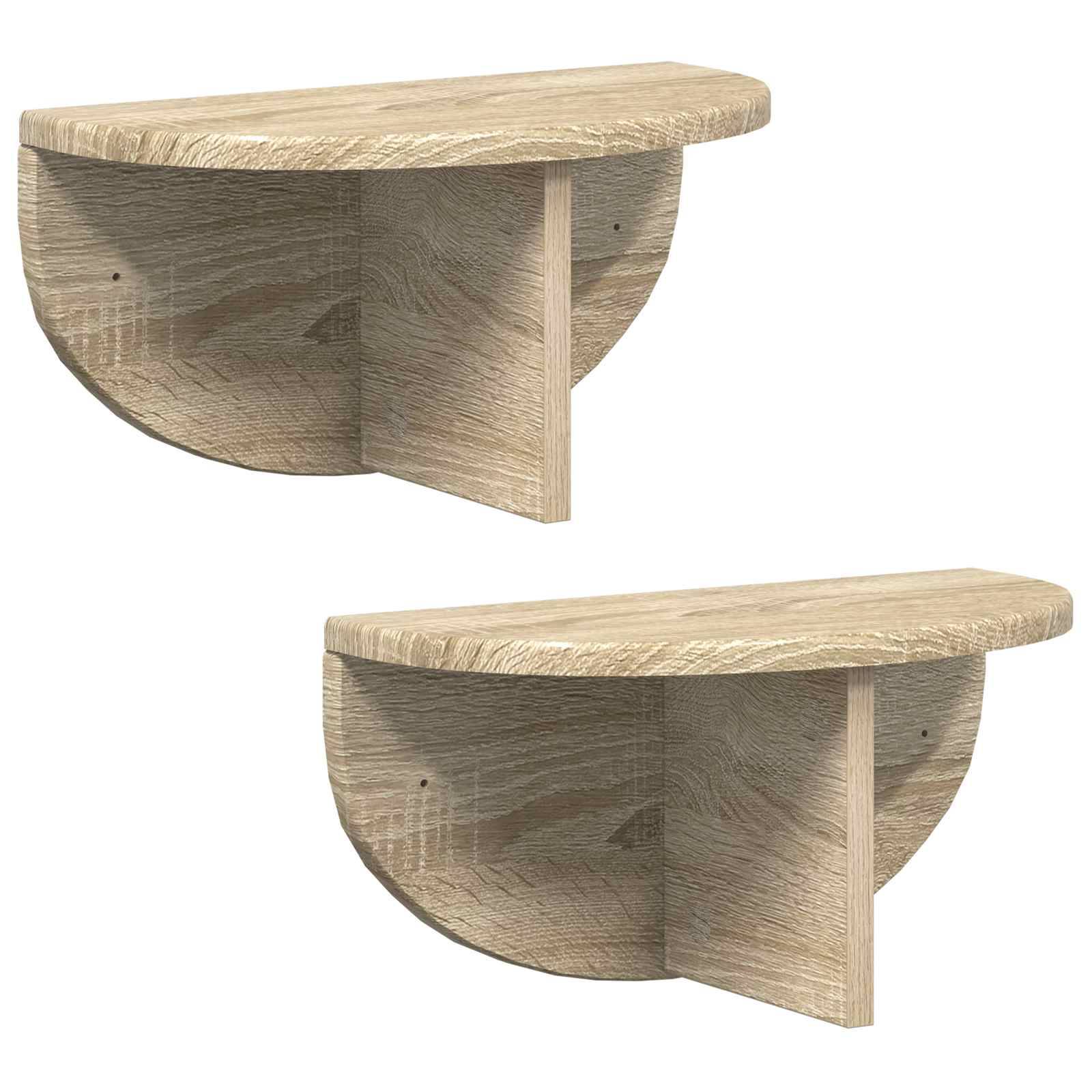 Zwei wandmontierte, halbkreisförmige Holzregale mit vertikalen Stützen, die eine natürliche Holzoberfläche aufweisen.