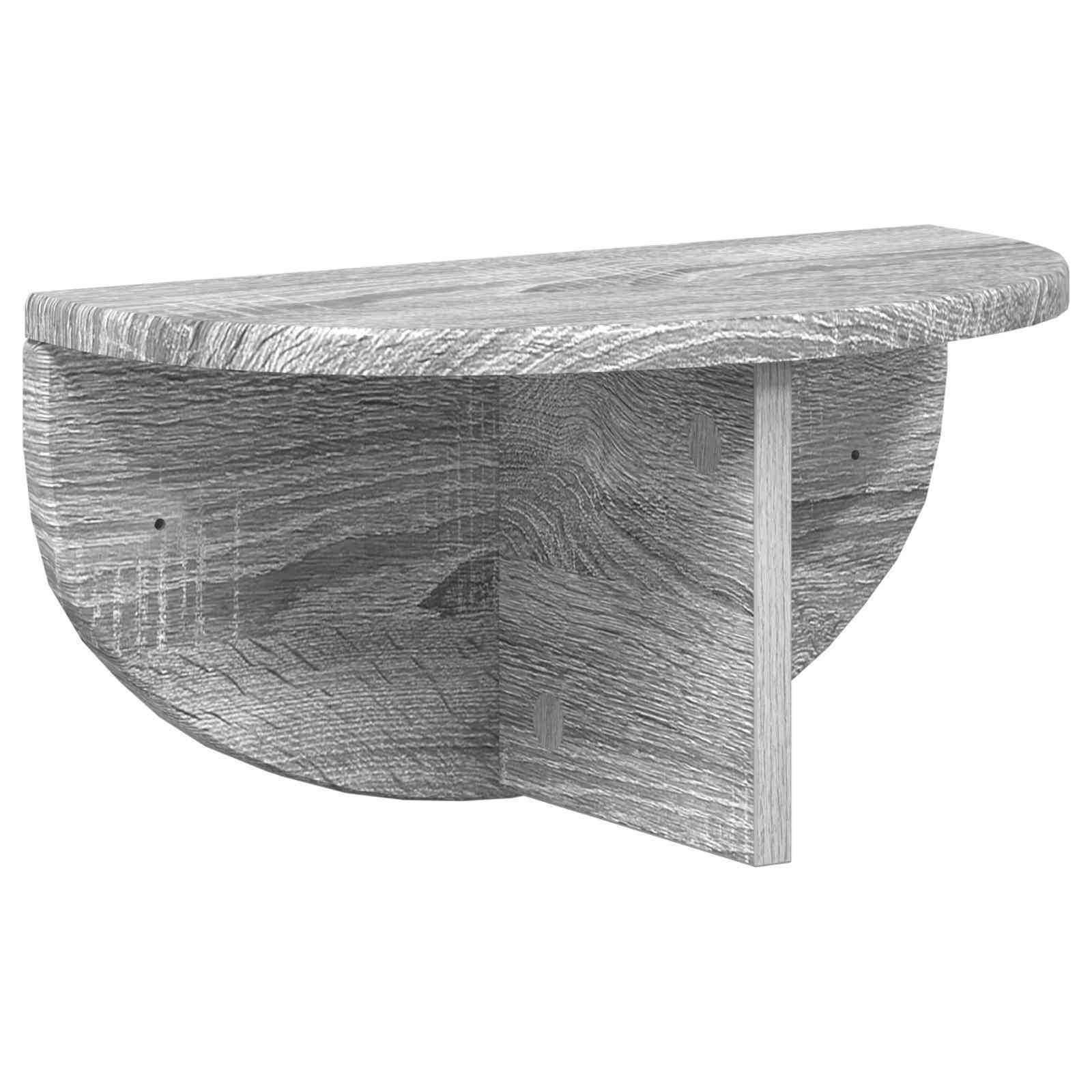 Ein kleiner, wandmontierter Schreibtisch aus Holz mit halbkreisförmiger Gestalt und natürlicher Holzoberfläche.