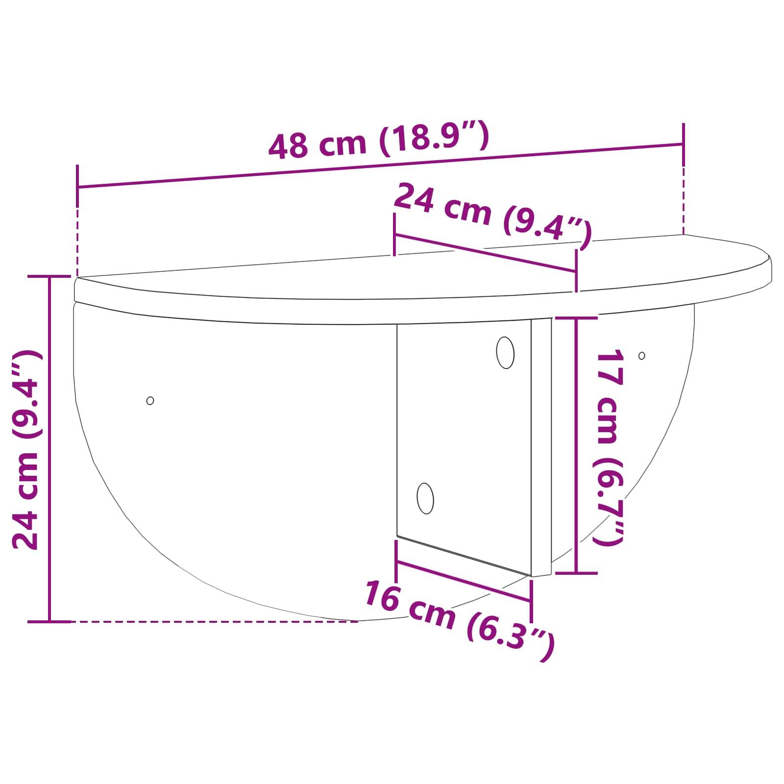 Maße des Wandregals: 48 cm (18,9
