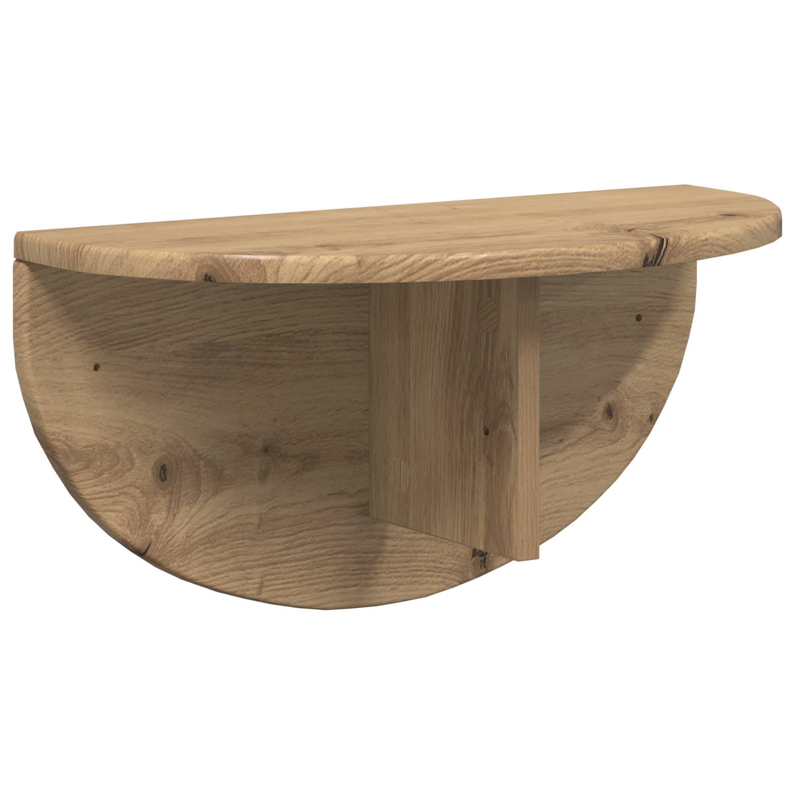 Ein wandmontiertes, halbkreisförmiges Holzregal mit natürlicher Oberfläche, das von einem vertikalen Stützbalken in der Mitte getragen wird.