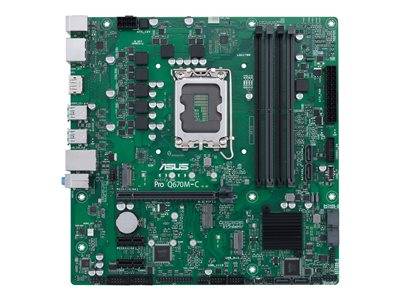 ASUS Pro Q670M-C Mainboard mit verschiedenen Anschlüssen, Steckplätzen und Anschlüssen, entwickelt für Computer-Systeminstallationen und -Upgrades.